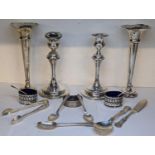 A mixed lot of silver items to include two pairs of candlesticks A/F, spoons, napkin ring with