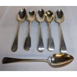 Six mixed silver teaspoons, all engraved with the letter 'B' to the handles, 117.4g Location: