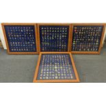 A group of four display cases containing Police related enamel pin badges, to include various UK