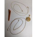 Two 9ct gold necklaces, 4.7g, together with a silver gilt pendant and a tie pin Location: