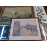 Mixed prints to include The Thames Medway map, ships on a rocky sea scene, and The Grand Canal