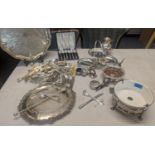 A mixed lot of silver plated items to include a wine coaster, platters, jug, folding three tier