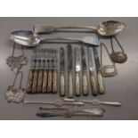 Mixed silver and silver plate to include silver handled forks and knifes, silver plated decanter