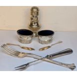Silver and silver plate to include a silver pepper pot, salts, and mixed silver and silver plate
