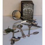 A mixed lot of silver and silver plate to include a silver front bible, silver handled magnifier