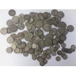 Mixed British coinage to include two shillings, shillings, sixpence and three pence of various dates