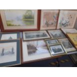 A quantity of antiquarian prints of London scenes, a pair of yellow silk Oriental pictures, two