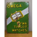 A late 20th century enamelled advertising sign inscribed Omega Cyma Tissot Watches 51cm h x 36cm w