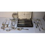 Mixed silver and silver plate to include a cased set of six silver knives, mixed silver cutlery,