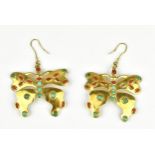 A yellow metal, turquoise and coral inset pair of earrings, modelled as butterflies, each set with