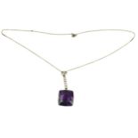 An Art Deco style white metal, diamond and amethyst necklace, the thin cable chain with three
