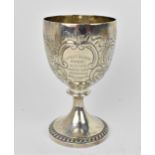 A British white metal trophy chalice cup, with gilt interior, the circular bowl inscribed 'Little