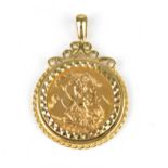 An Elizabeth II 2001 full sovereign in a 9ct yellow gold mount with suspension loop