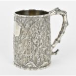A Chinese export silver straight-tapered mug, late 19th/early 20th century, designed with bamboo