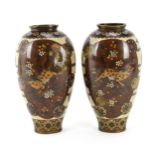 A pair of Japanese Meiji/Taisho period cloisonne enamel vases, each with central goldstone ground