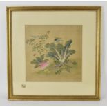 A Chinese painting on silk, depicting a grasshopper and insects around vegetation to include a