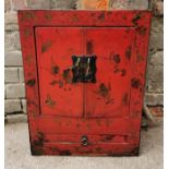 A small Chinese red lacquer counter top cabinet, early 20th century, with gilt butterflies and