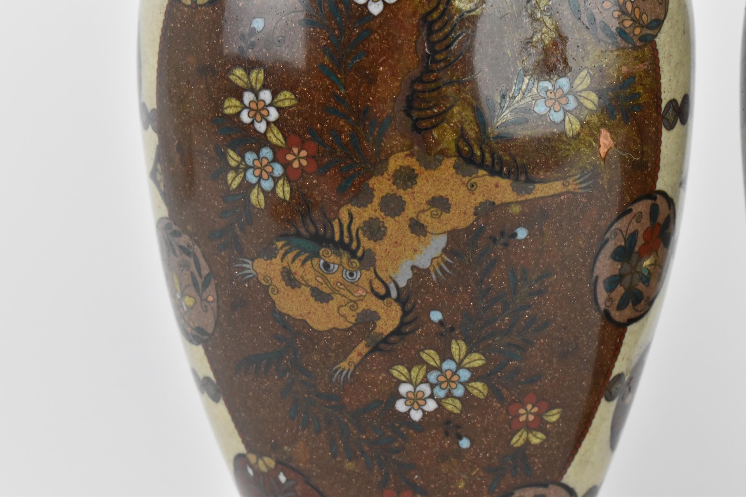 A pair of Japanese Meiji/Taisho period cloisonne enamel vases, each with central goldstone ground - Image 2 of 8