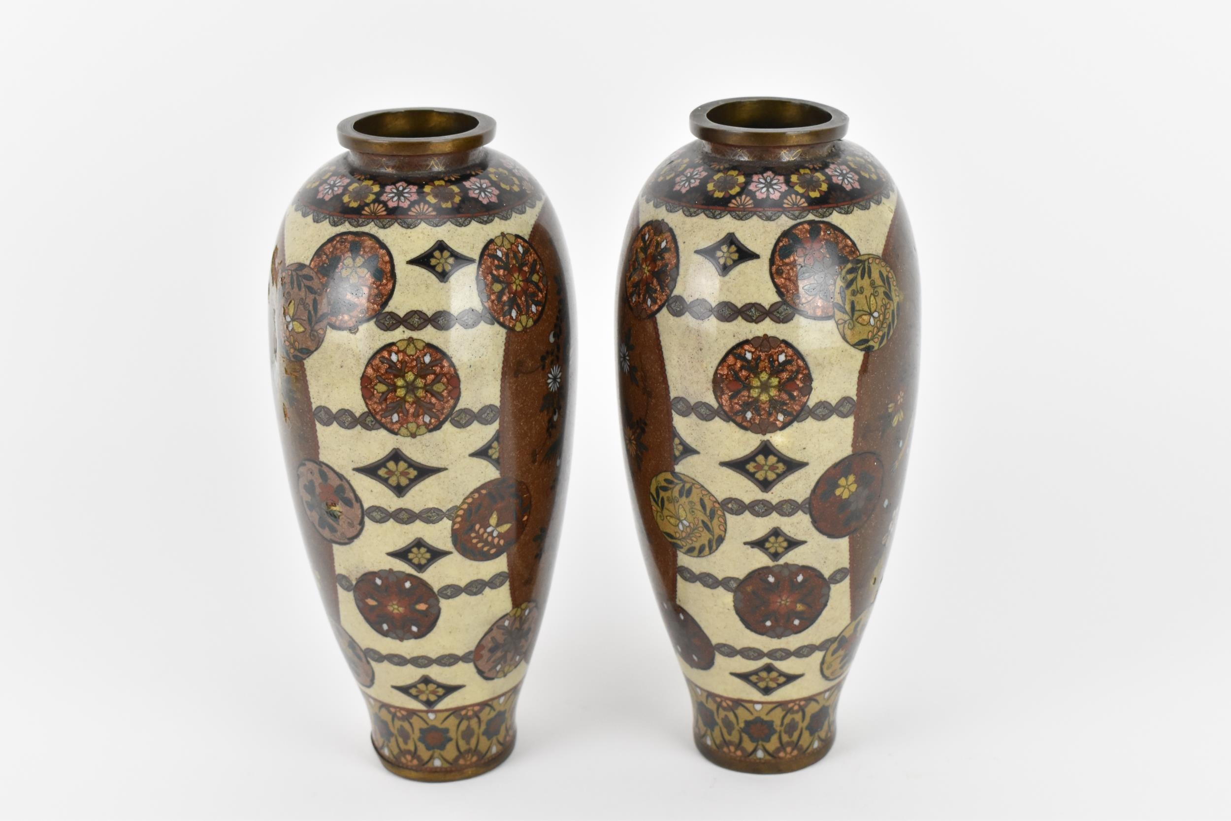 A pair of Japanese Meiji/Taisho period cloisonne enamel vases, each with central goldstone ground - Image 6 of 8