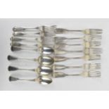 A collection of Victorian silver flatware, to include five tablespoons, seven dinner forks, six