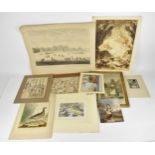 A portfolio of European works, to include two Italian sepia ink wash studies from 17th century bas-