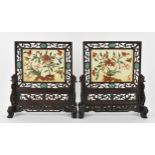 A pair of Chinese jade and hardstone table screens, early 20th century, each with central