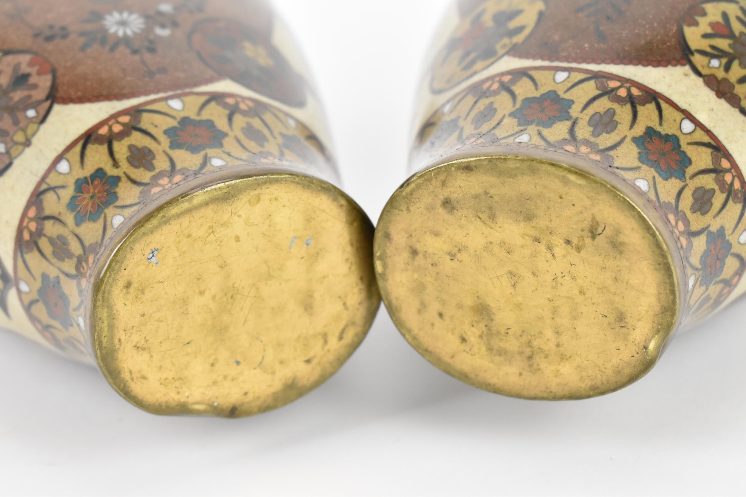 A pair of Japanese Meiji/Taisho period cloisonne enamel vases, each with central goldstone ground - Image 8 of 8