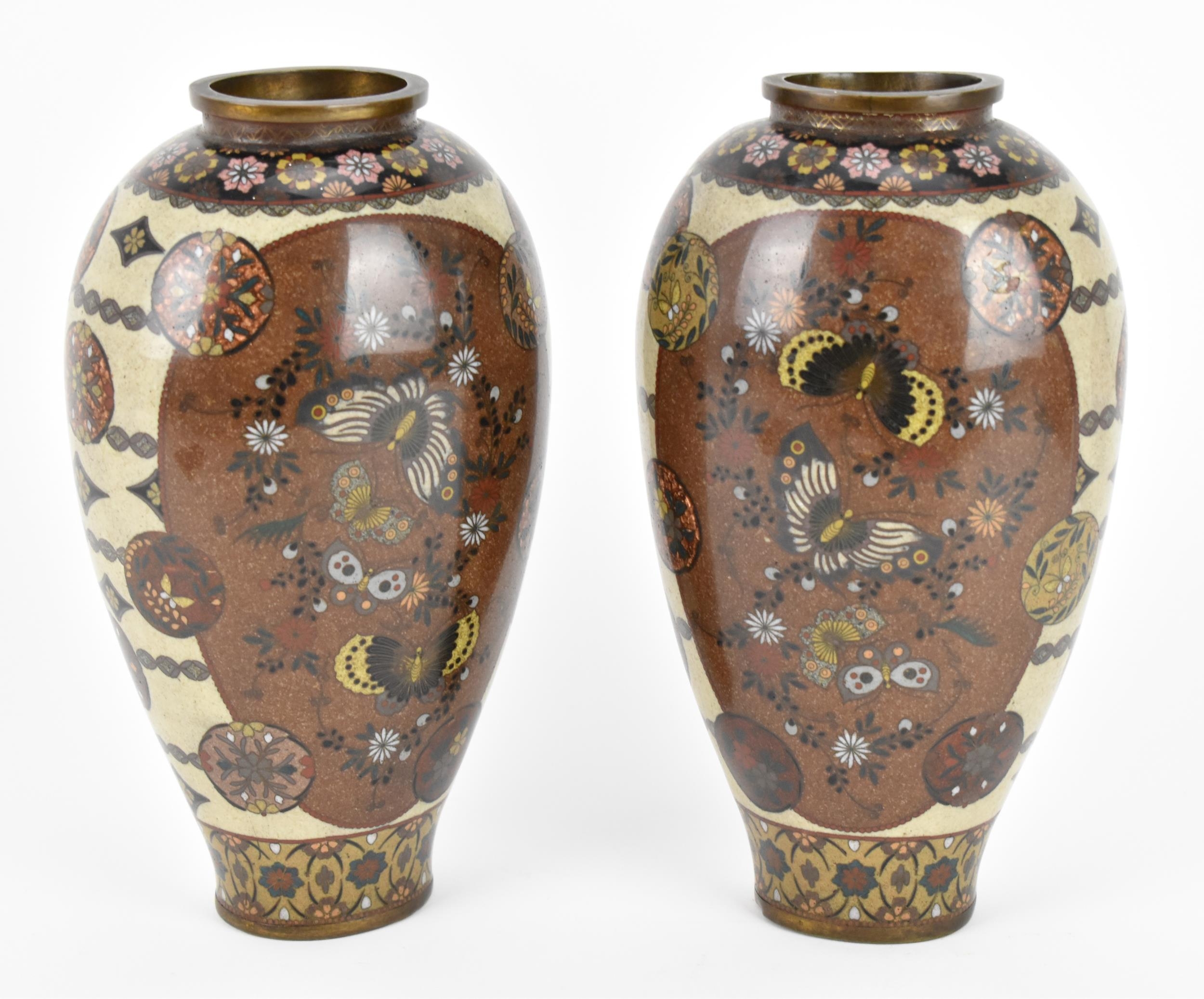 A pair of Japanese Meiji/Taisho period cloisonne enamel vases, each with central goldstone ground - Image 4 of 8