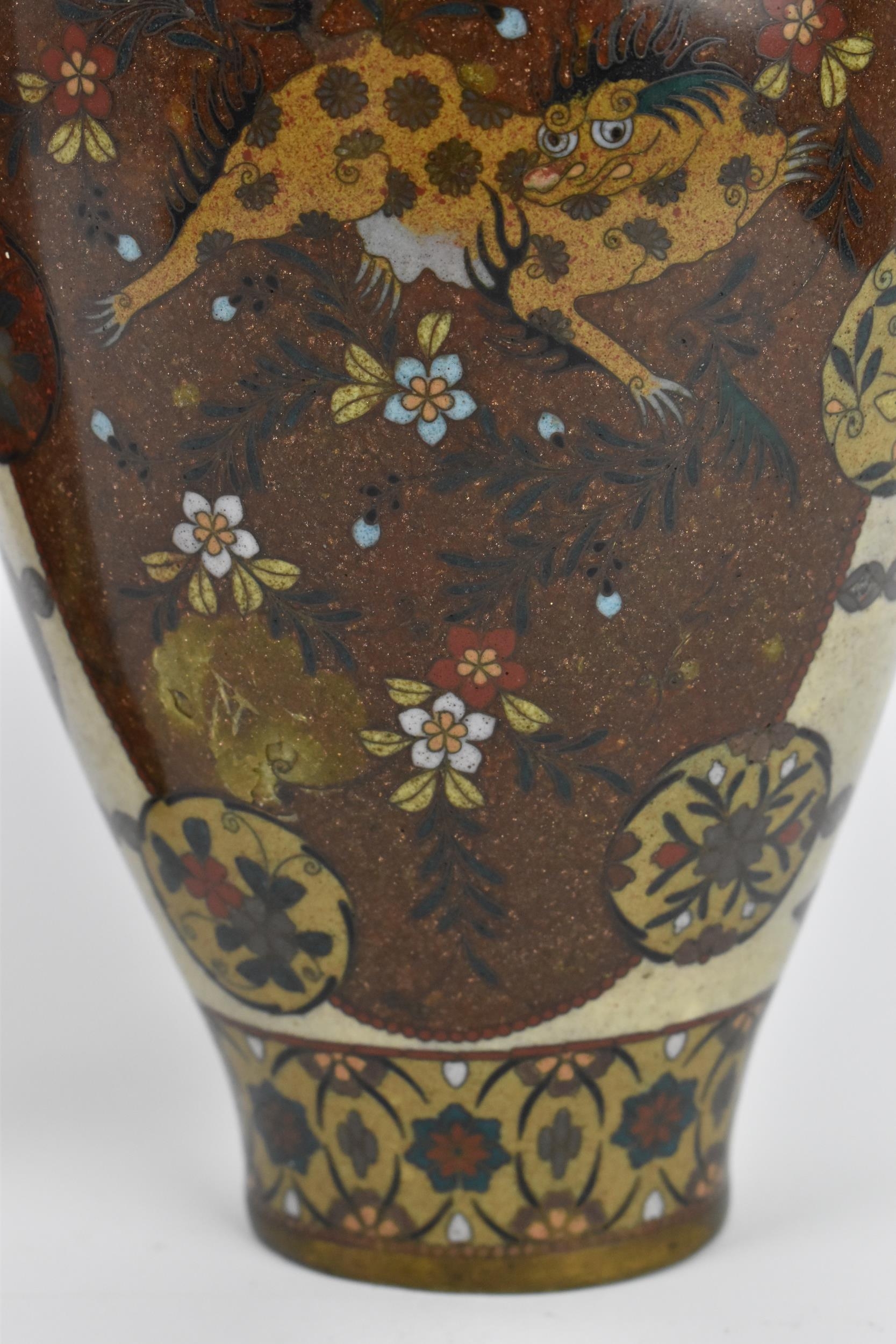 A pair of Japanese Meiji/Taisho period cloisonne enamel vases, each with central goldstone ground - Image 3 of 8