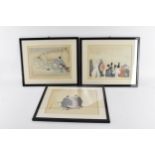 A set of three Japanese Late Meiji/Taisho period woodblock prints, one depicting two samurai's