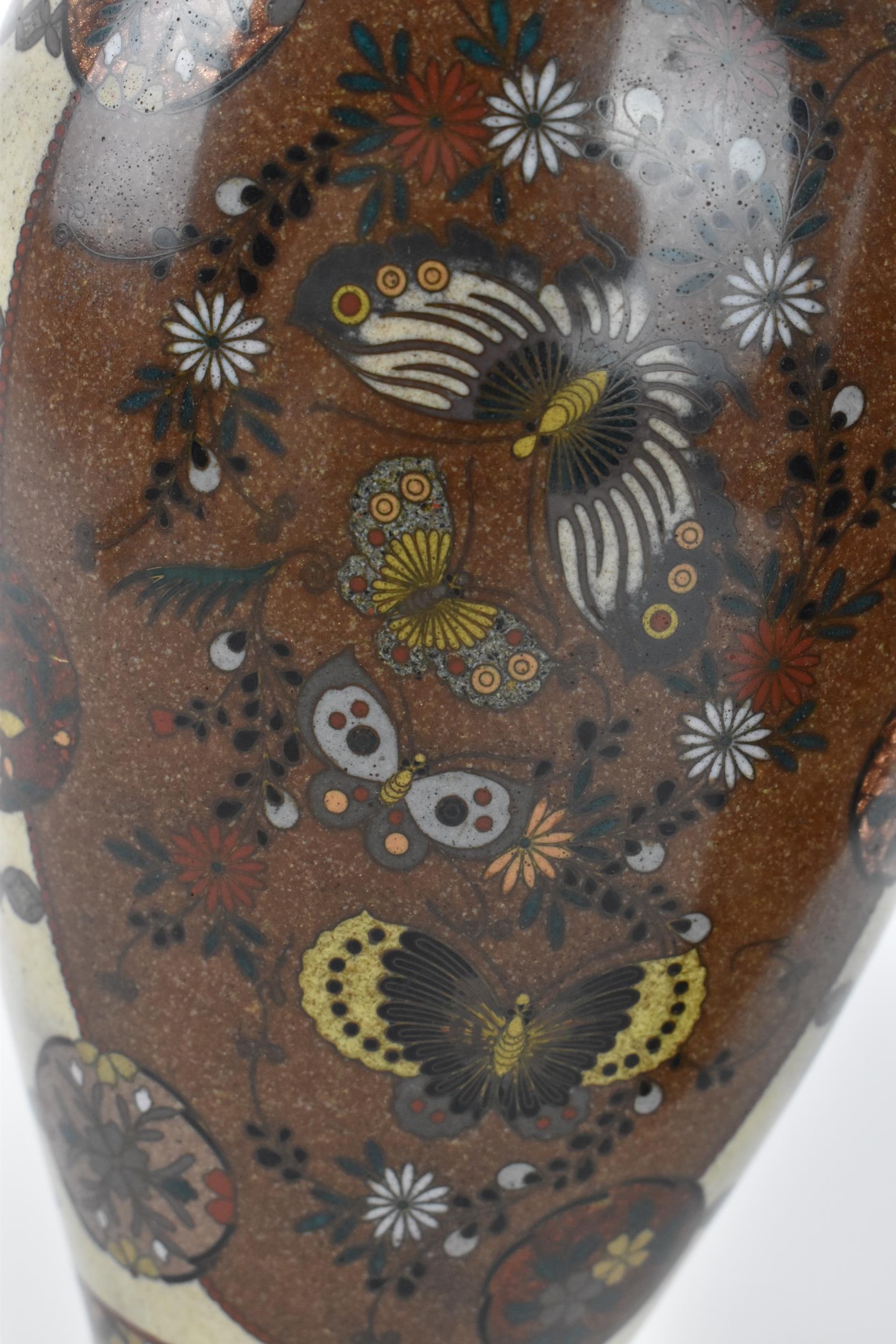 A pair of Japanese Meiji/Taisho period cloisonne enamel vases, each with central goldstone ground - Image 5 of 8