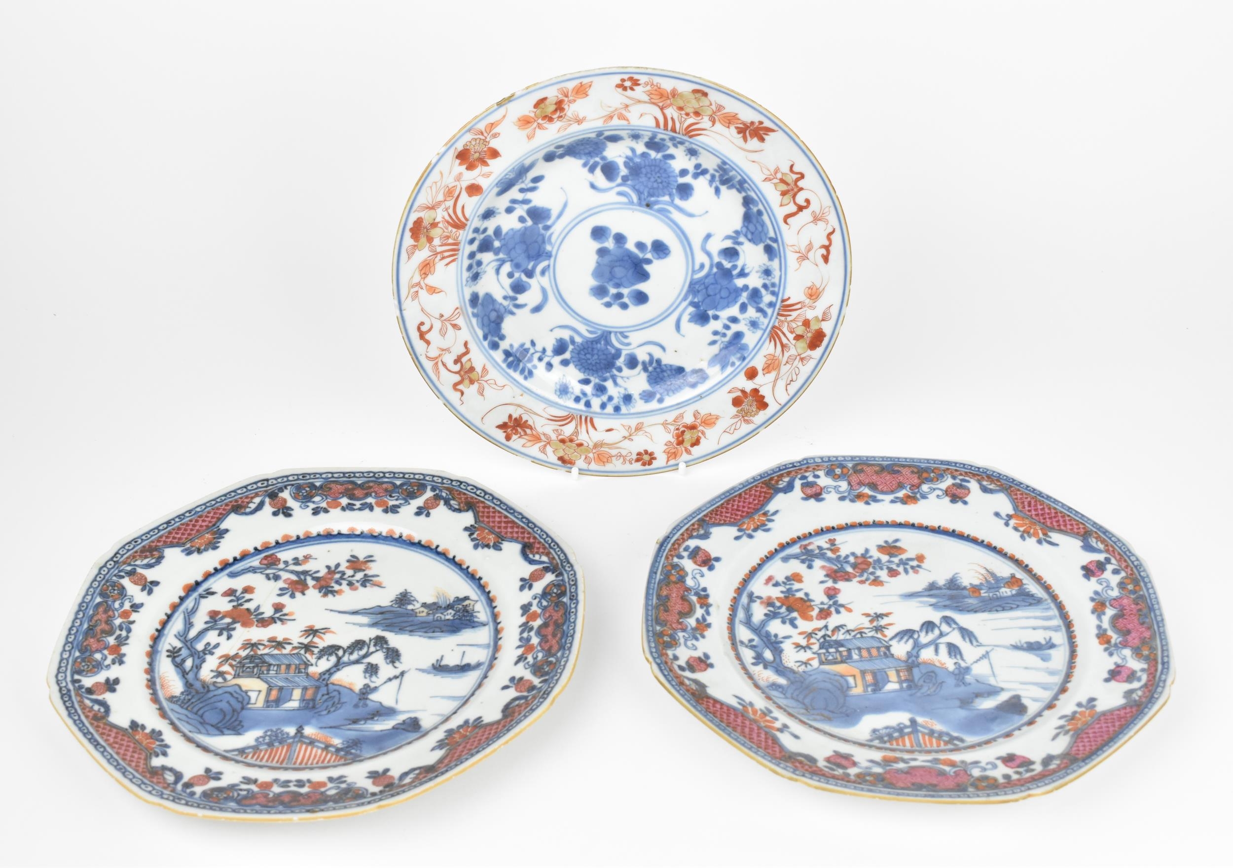 Three Chinese 18th century porcelain plates, to include two of octagonal form with willow pattern
