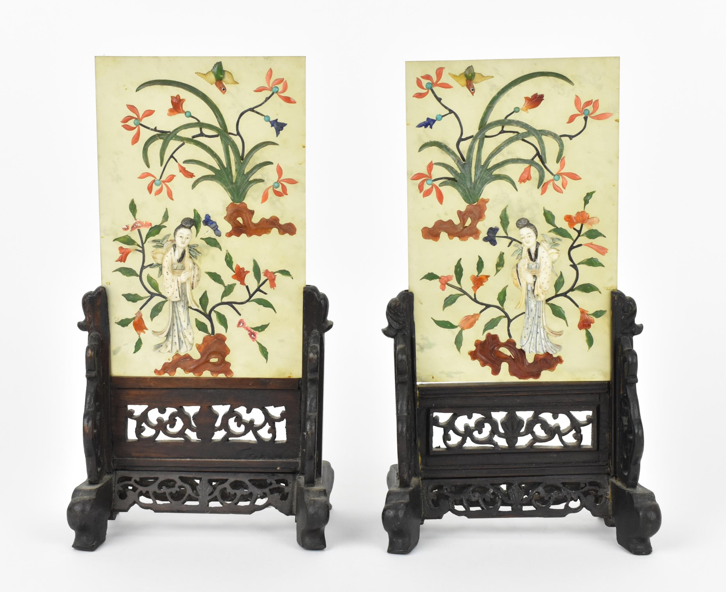A pair of Chinese jade and hardstone table screens, early 20th century, each with central vertical