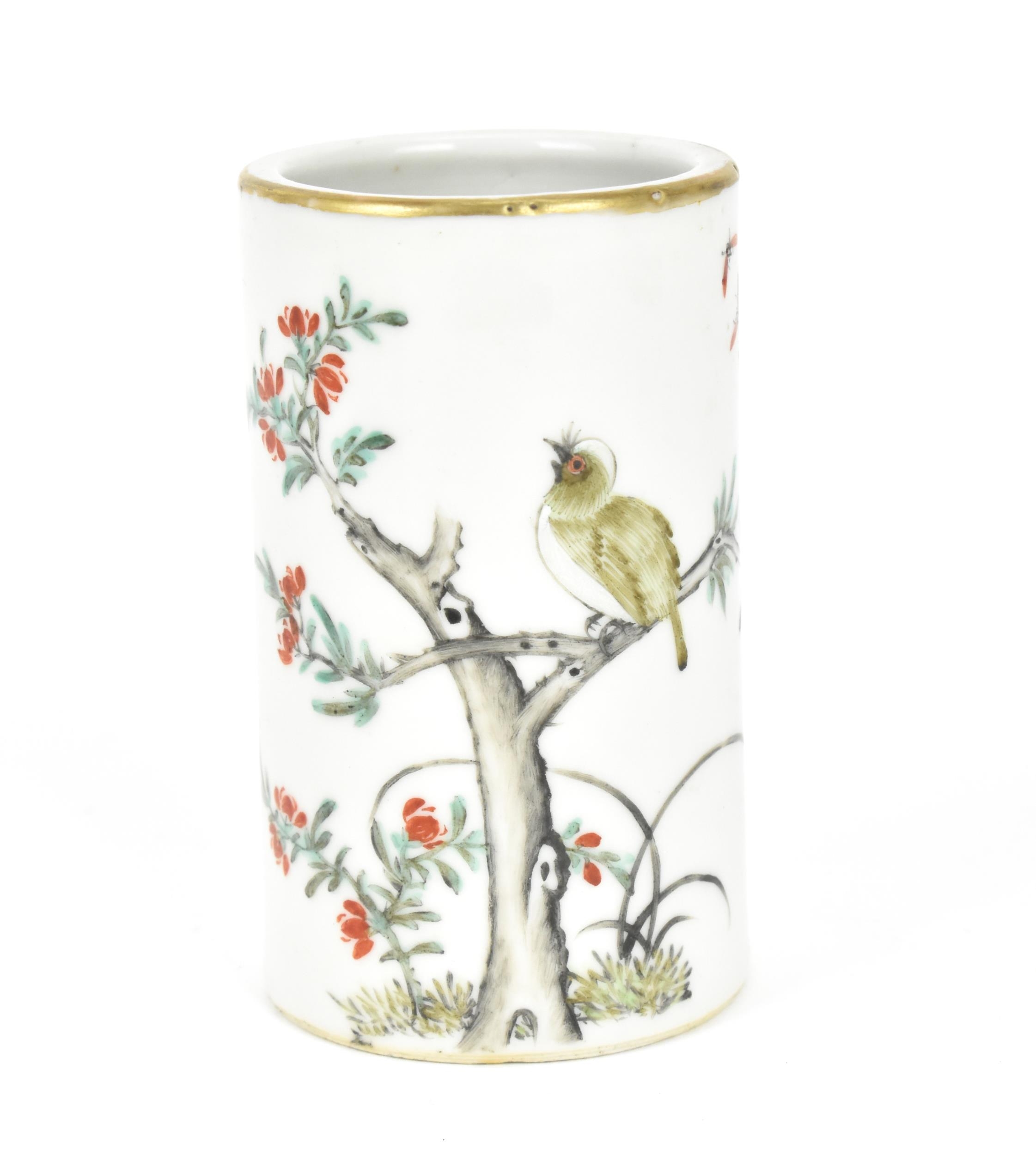 A Chinese Qing dynasty porcelain brush pot, Guangxu period (1875-1908), of cylindrical form with