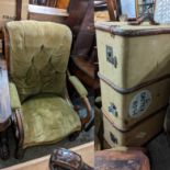 A Victorian walnut button back armchair on turned legs, together with a vintage twin handled