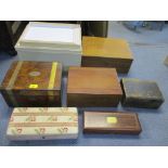 Boxes to include a Victorian walnut writing slope, an oak box, a Saccherometer (glucometer) box by
