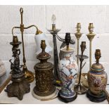 Mixed table lamps to include an Art Deco style lamp, Chinese cloisonne lamp and others