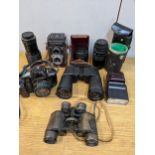 Mixed cameras, binoculars and accessories to include a Yashica-Mat camera