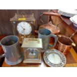 A vintage Kundo mantel clock, a 20th century carriage clock, mixed copper, pewter tankards and other