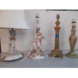 Four table lamps to include a 19th century Continental Sitzendorf china lamp A/F and an onyx lamp