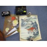 Oriental collectables to include a pair of Japanese Satsuma vases, a painting on fabric, a set of