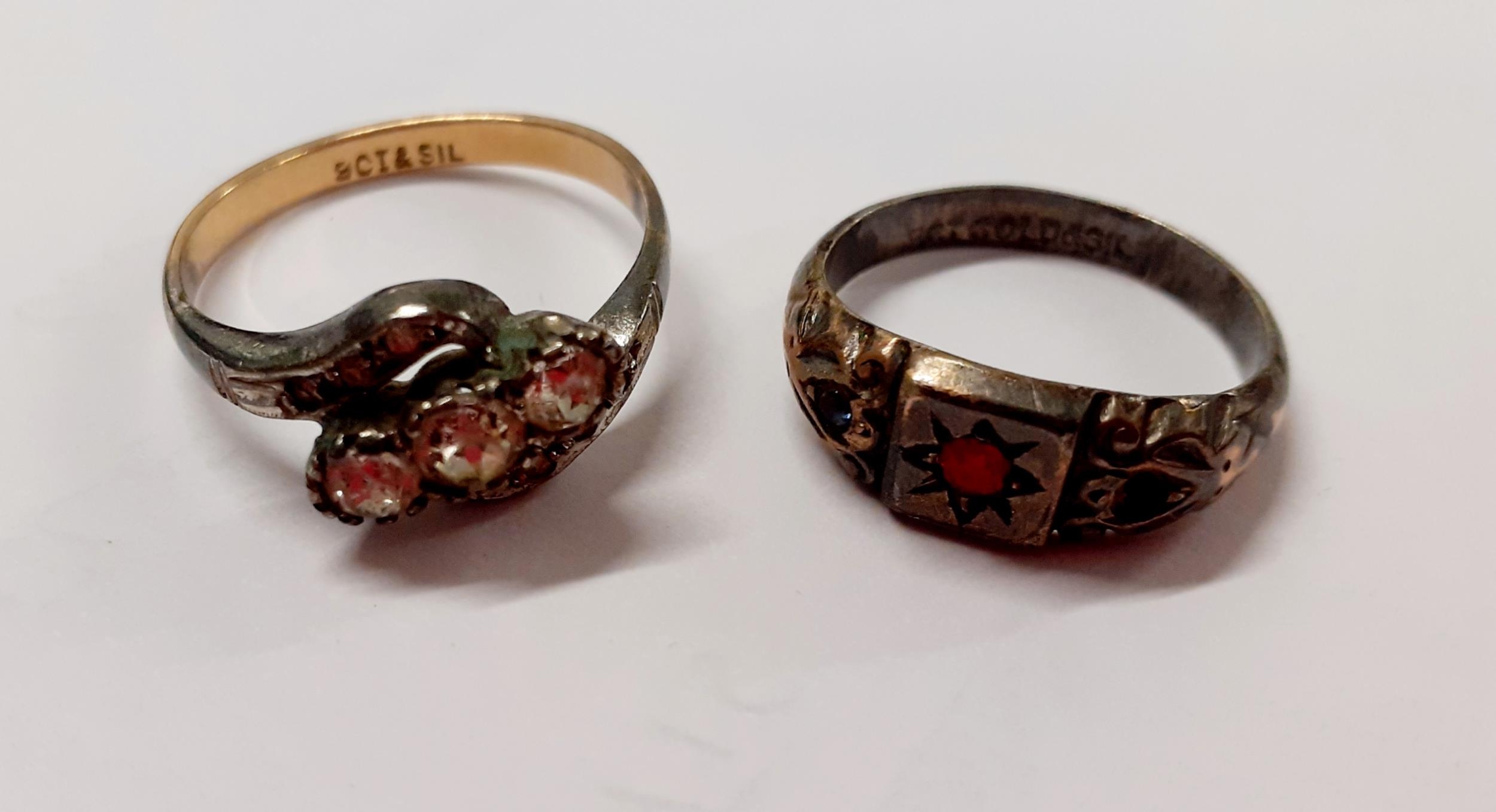 Two 9ct gold and silver dress rings with paste stones. Location:Cab