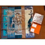 Hermes-A modern 'Ani Lash' silk scarf designed by Gala in blues, greens, brown and white