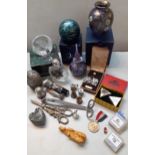 Collectables to include Art Glass scent bottles, pewter items, a modern carved composition netsuke