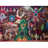 A large 20th Century Mexican Huichol yarn framed tapestry in vibrant colours depicting animals and