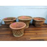 Four Whichford terracotta pottery garden plant pots A/F two with woven ornament, the other with