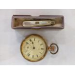 A gold plated pocket watch and a silver bladed fruit knife with a mother of pearl blade Location: