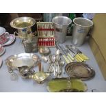 A mixed lot of silver plate and other metalwares to include wine bottle holders, Broomhall plated