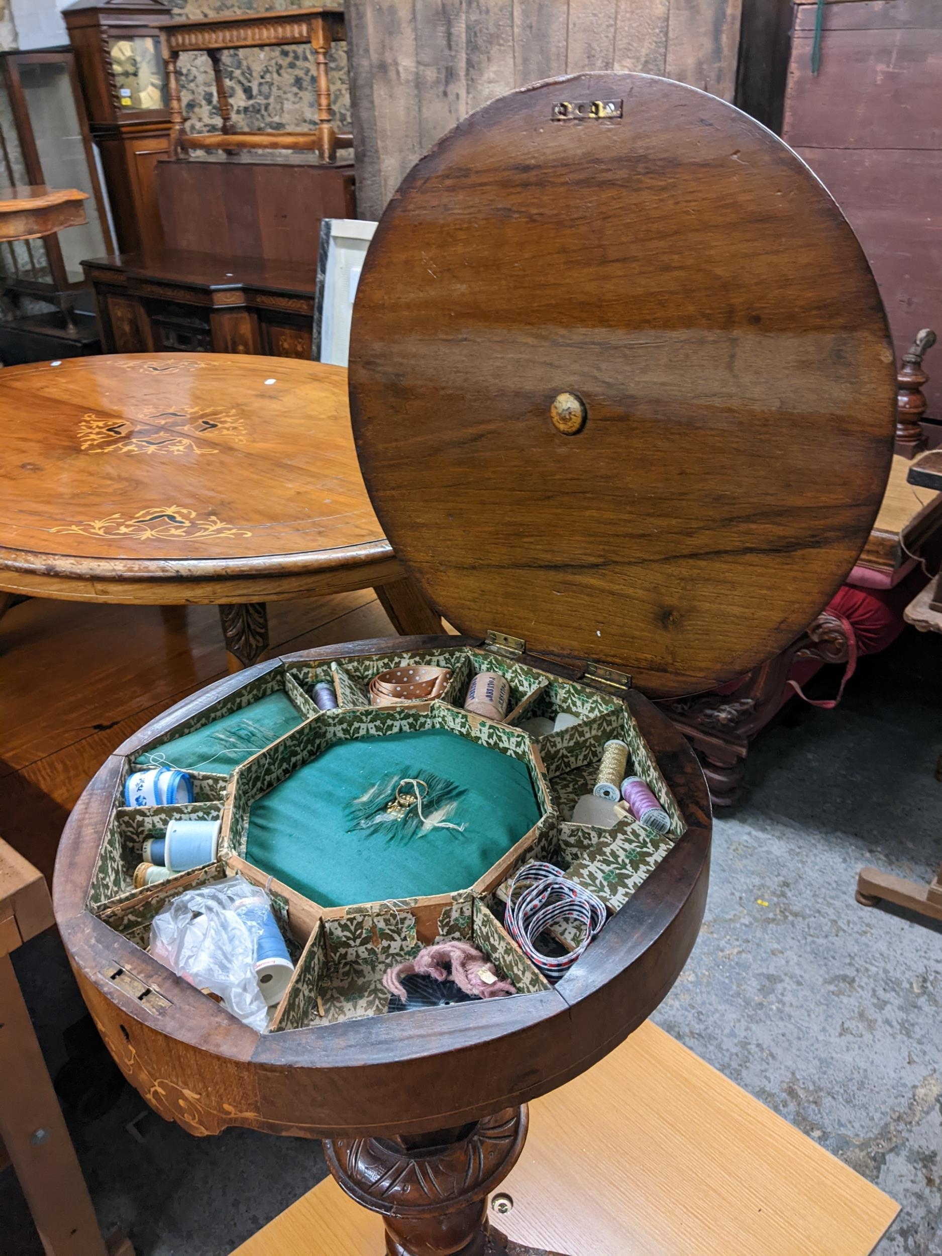 Victorian walnut games/work sewing table, the hinged top with inlaid games board, fitted interior, - Image 2 of 2