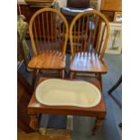 A Victorian mahogany bidet together with a pair of spindle back pine chairs